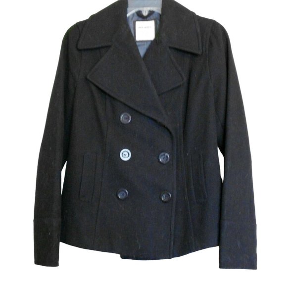 Old Navy Pea Coat S Black Jacket Double Breasted Long Sleeve Lined Wool Blend - Picture 4 of 8